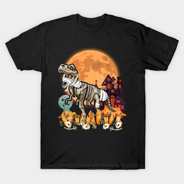 Dinosaur T rex Skeleton Pumpkin With Moon Halloween Costume T-Shirt by ruffianlouse